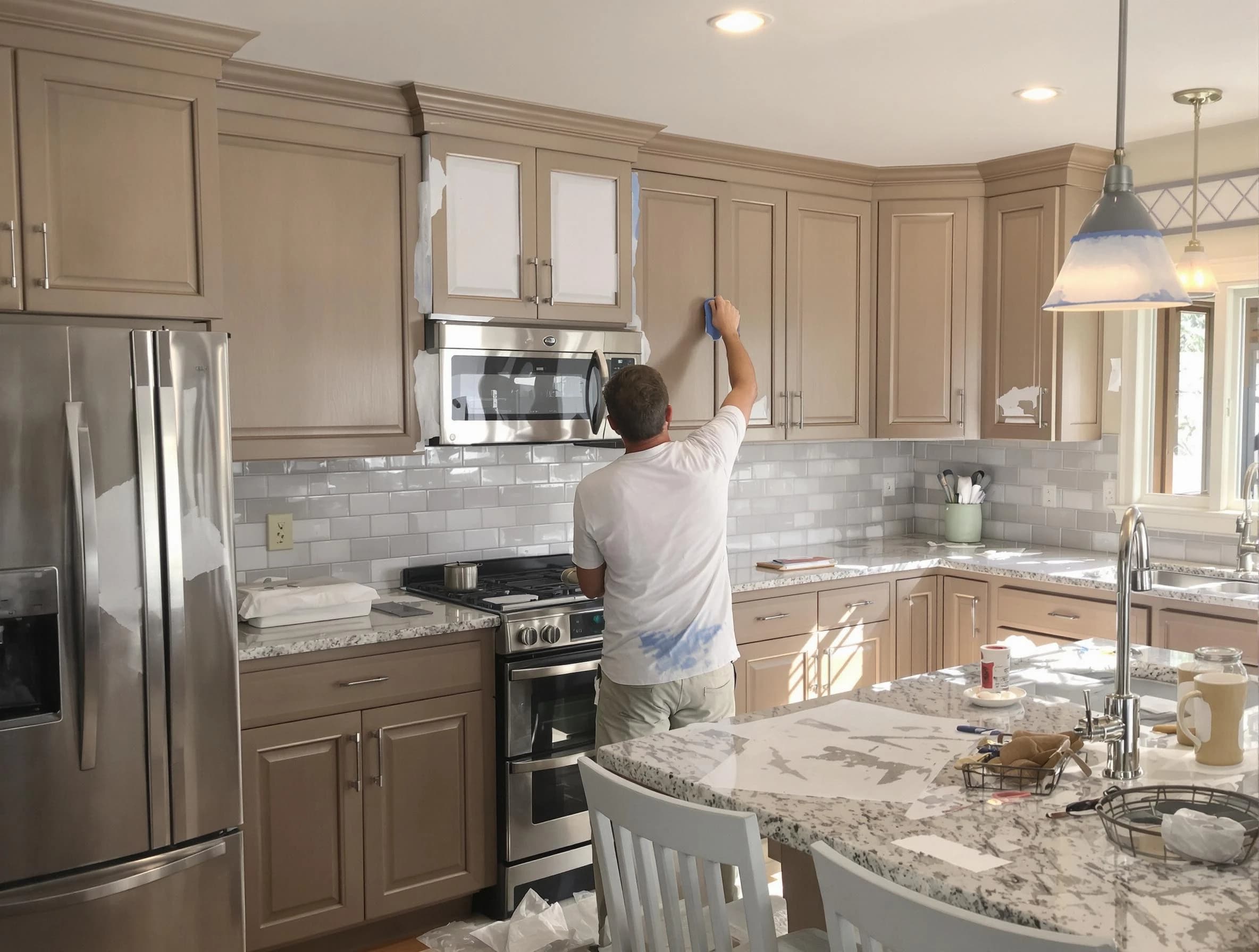 Before-and-after view of kitchen painting by Solon House Painters in Solon
