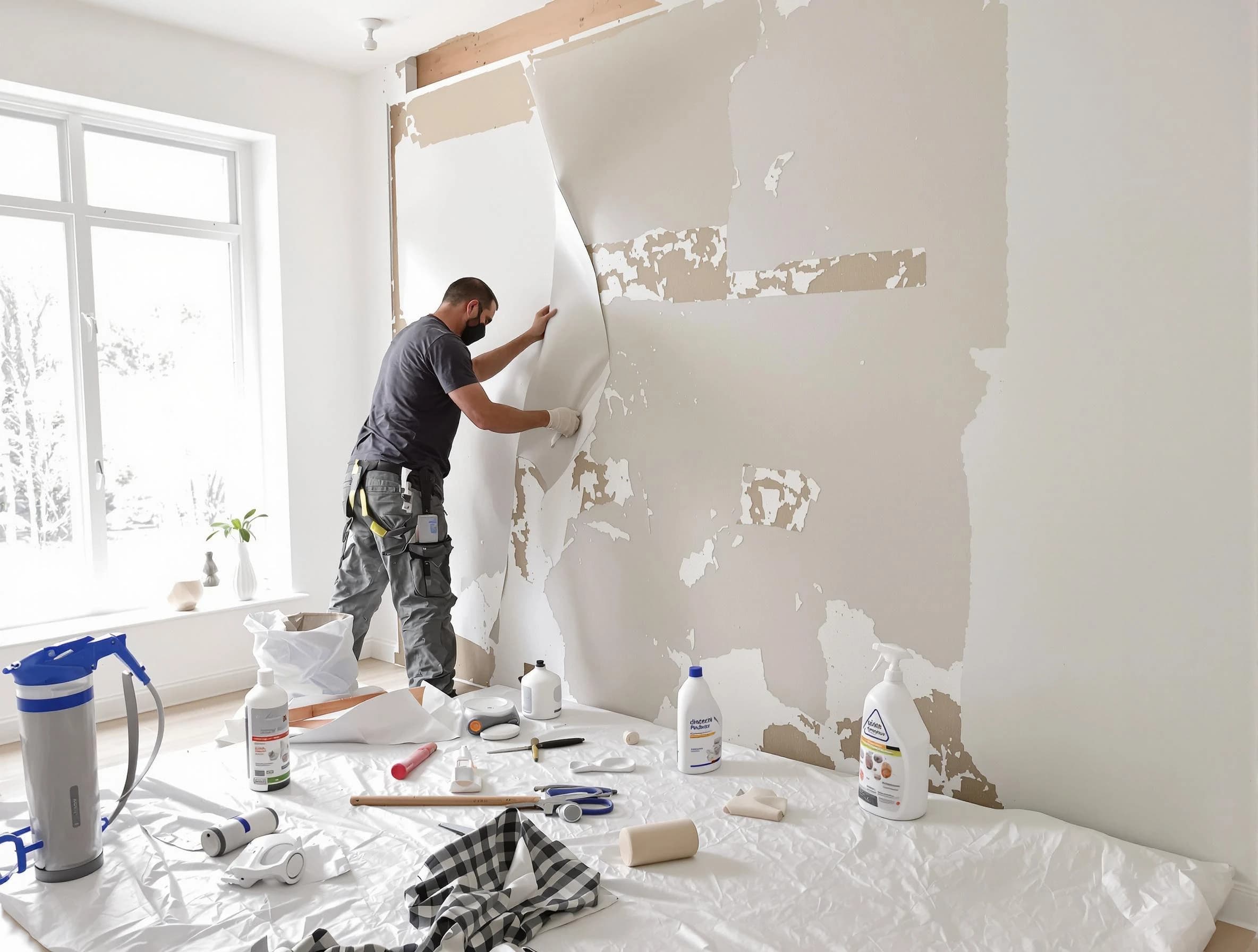 Solon House Painters technician removing wallpaper in Solon, OH